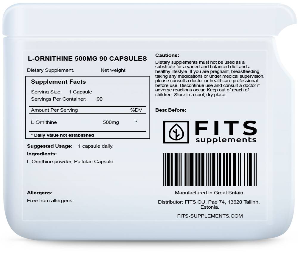 L-Ornithine 500mg 90 capsules - FITS Dietary Supplements