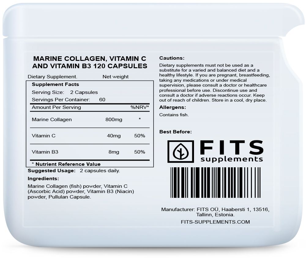 Collagène marin, Vitamine C et Vitamine B3 120 gélules
