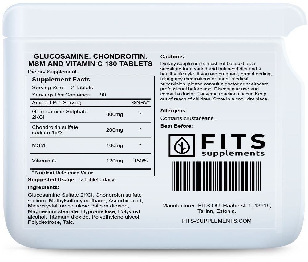 Glucosamine, Chondroïtine, MSM et Vitamine C 180 comprimés