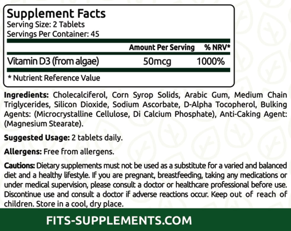 Vegan Vitamin D3 1000IU 90 tablets - FITS Dietary Supplements