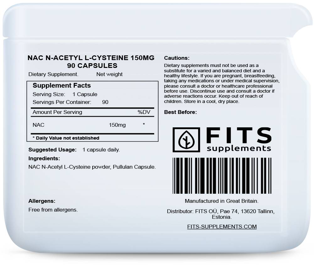 NAC N-Acetyl L-Cysteine 150mg 90 capsules - FITS Dietary Supplements