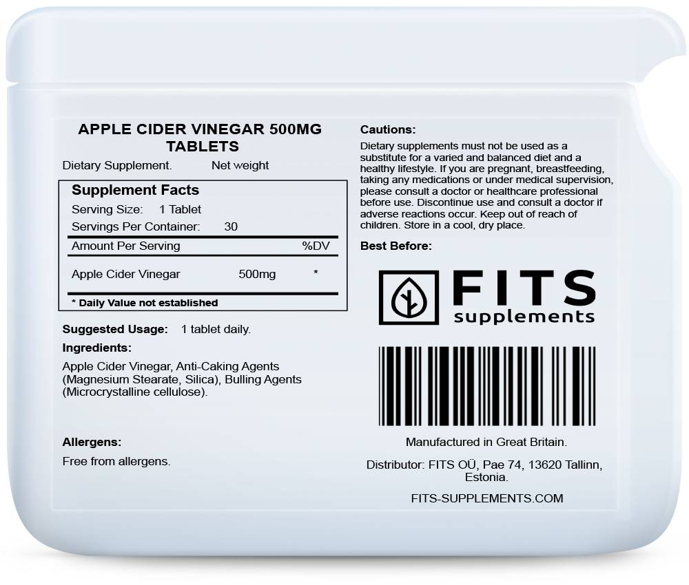 Apple Cider Vinegar 500mg 30 tablets - FITS Dietary Supplements