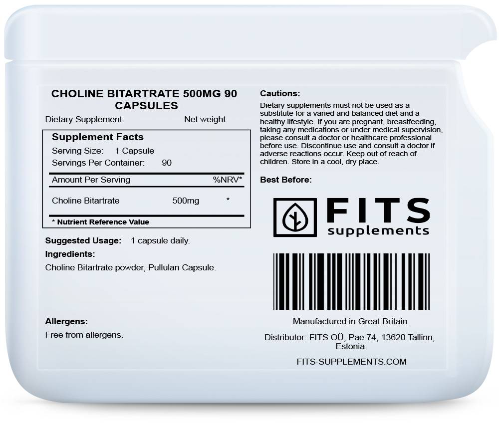 Choline Bitartrate 500mg 90 capsules - FITS Dietary Supplements
