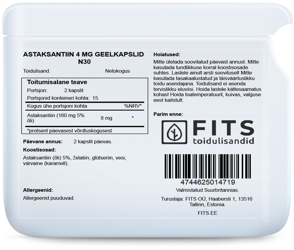 Astaxanthin 4mg 30 softgels - FITS Dietary Supplements