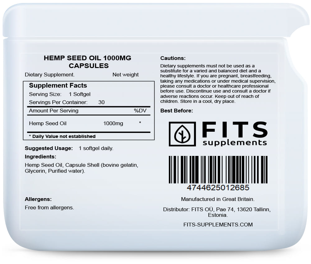 Hemp seed oil 1000mg 30 capsules - FITS Dietary Supplements