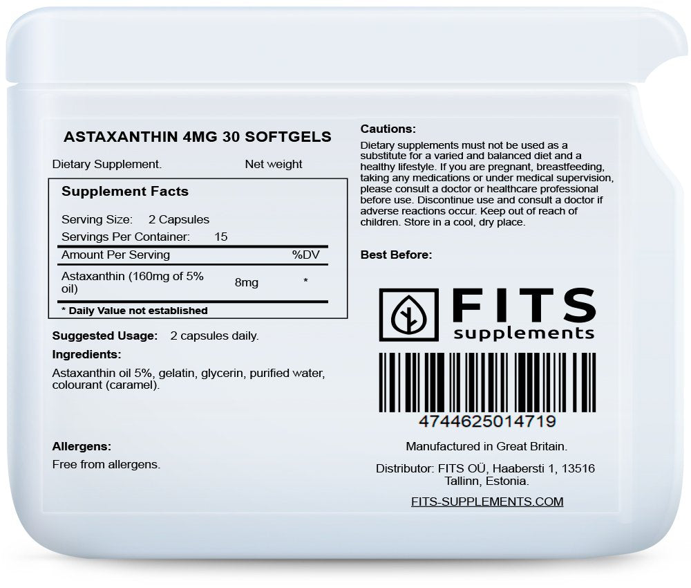 Astaxanthin 4mg 30 softgels - FITS Dietary Supplements