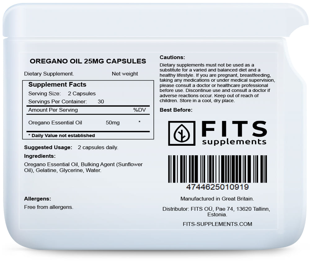 Oregano Oil 25mg 60 capsules - FITS Dietary Supplements