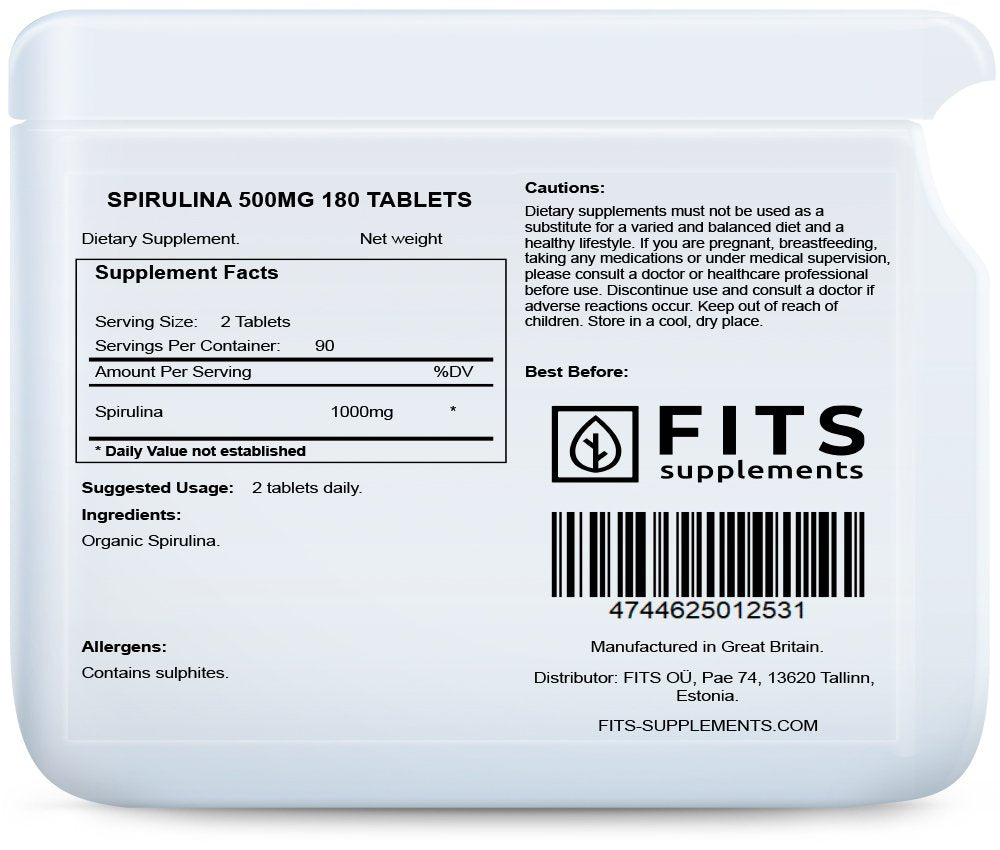 Spirulina 500mg 180 tablets - FITS Dietary Supplements