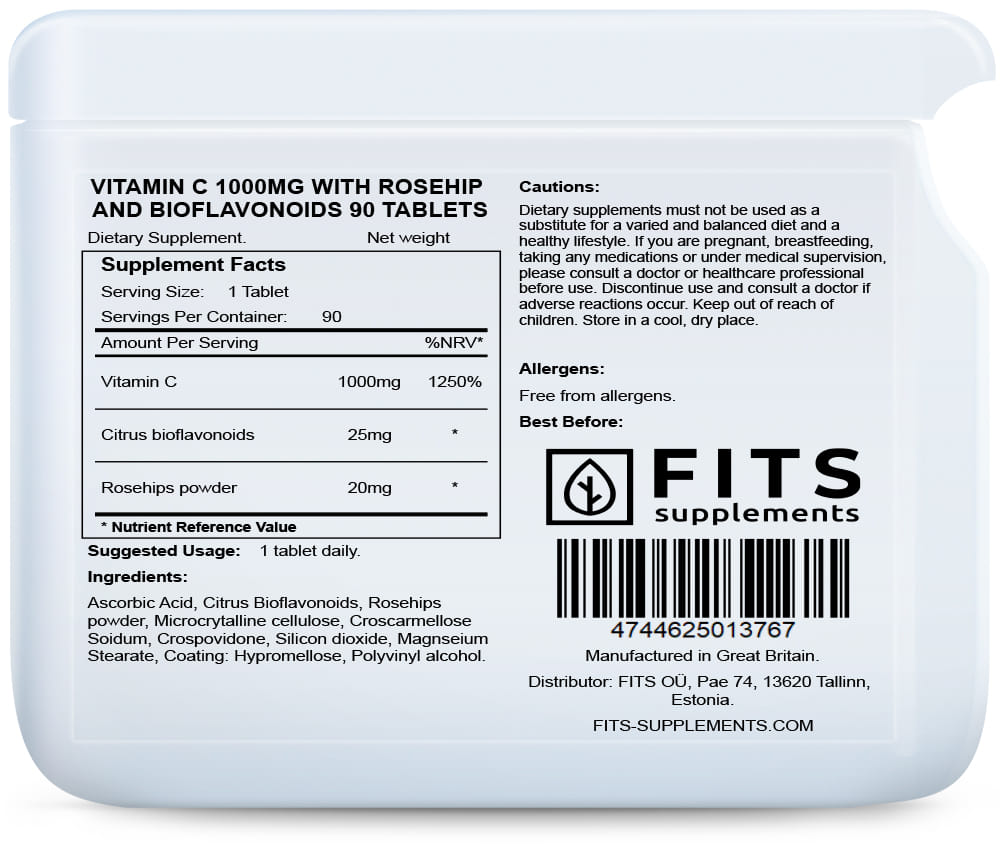 Vitamin C 1000mg with Rosehip and Bioflavonoids 90 tablets - FITS Dietary Supplements