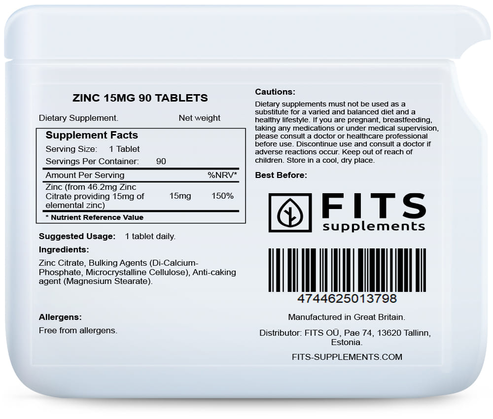 Zinc 15mg 90 tablets - FITS Dietary Supplements